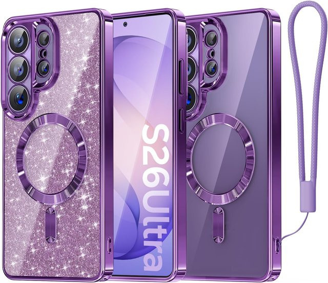 Magnetische Schutzhülle für Samsung Galaxy S26 Ultra und S25+ mit MagSafe, abnehmbarem Kartenfach, Armband und Objektivschutz in Pink oder Purple - Bild 1
