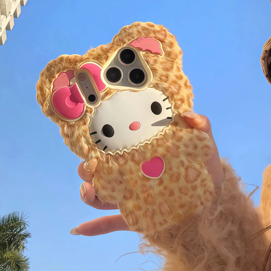 Hello Kitty Handyhülle mit flauschigem Leopardenmuster für Apple iPhone 12 bis 17 Pro Max Plus in Multicolour - Bild 2