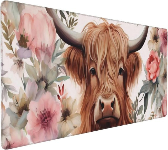 Großes Mauspad mit Highland Cow und rosa Blumenmuster in Pink/Multicolor als erweiterte Tastaturmatte für Gaming und Büro - Bild 1