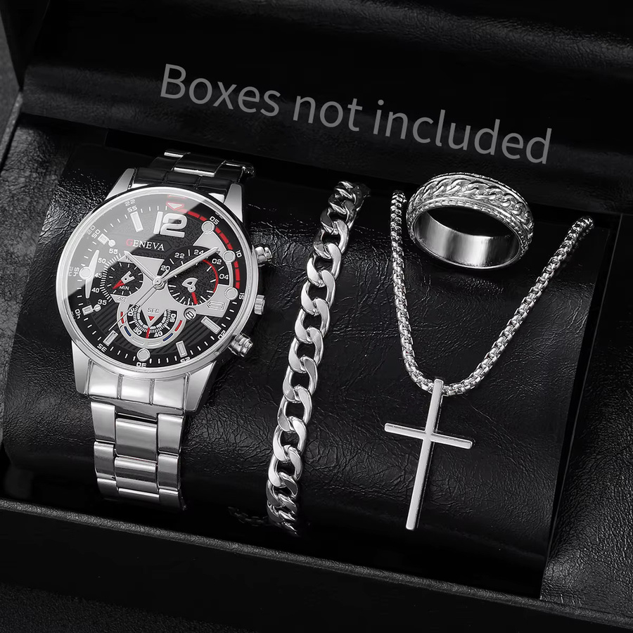 yolako Schmuck-Set, Analoguhr, Quarz, Edelstahl, Schwarz, Silber, Herren - Bild 1