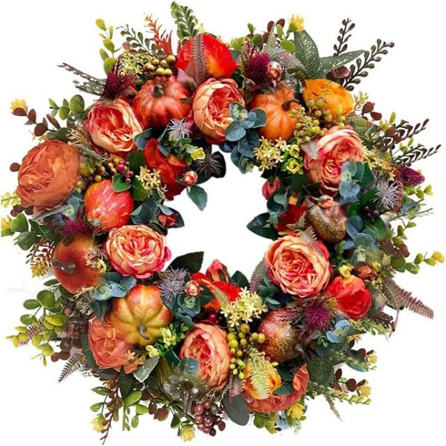 Halloween Herbst Kranz mit Kürbis und Ahornblättern in Orange, Durchmesser: 50 cm - Bild 1