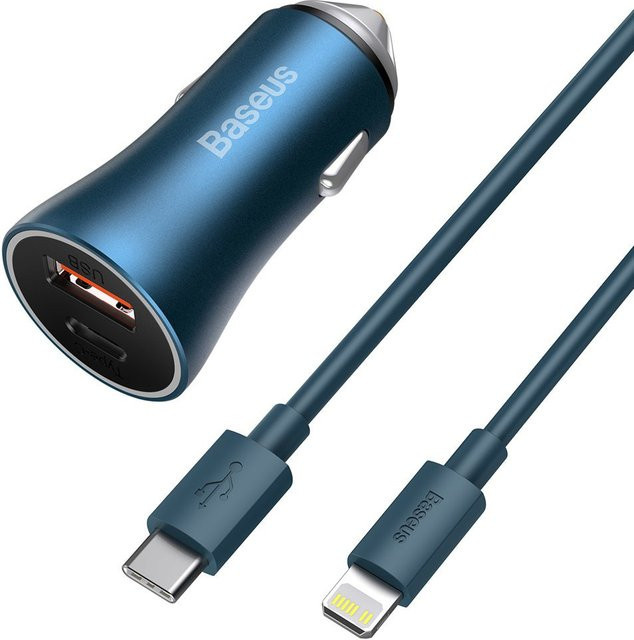 Baseus Golden Contactor Auto-Ladegerät mit Lightning-Kabel, 40W, 3A, 1 x USB-A und 1 x USB-C, Marineblau - Bild 1