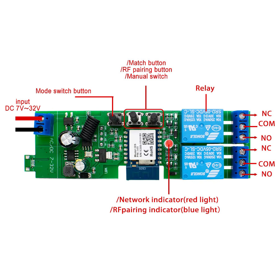 Scimagic-RC Zigbee 2-Kanal-Schalter mit zwei Relais und Trockenkontakt NO NC COM für Licht und Motor, kompatibel mit Tuya und Alexa - Bild 2