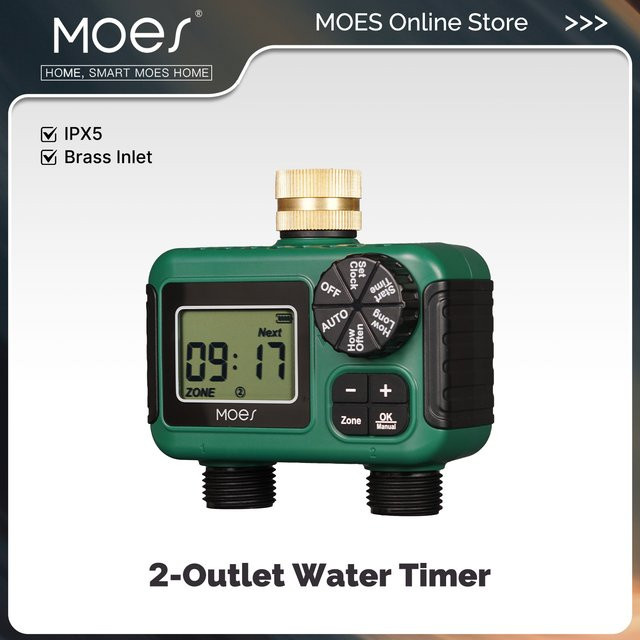 MOES Wasser-Timer mit 2 Ausgängen, LCD-Display und Regenverzögerung, wasserdicht nach IPX5, grüner Bewässerungscomputer mit Messing-Einlass und Kindersicherung - Bild 1