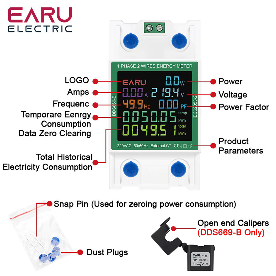 EARU Aktiver Elektrischer Energieverbrauchsmesser in Weiß zur Messung von Spannung, Strom, Leistung, Frequenz und kWh - Bild 3