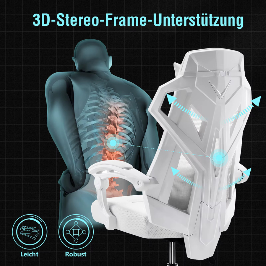 GTPLAYER Ergonomischer Gamingstuhl in Weiss mit verstellbarer Lordosenstütze und Kopfstütze aus PU-Leder - Bild 3