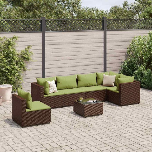 vidaXL 7-tlg. Garten-Lounge-Set in L-Form aus PE-Rattan mit Kissen, Braun und Grün - Bild 3