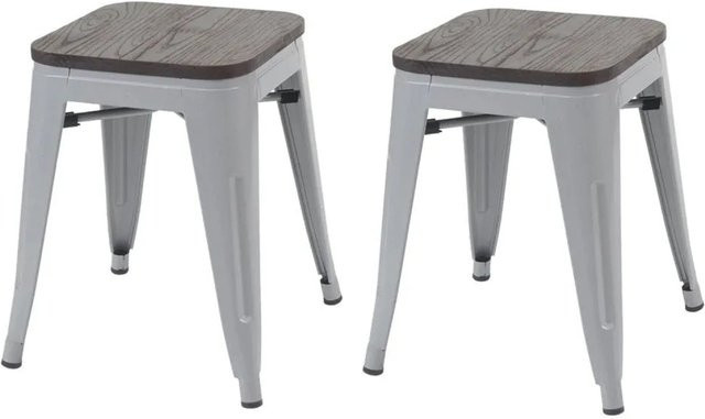 MCW 2er Set Hocker A73 mit Ulmenholz-Sitzfläche in Grau im Industriedesign, stapelbar, B/T/H: 39 x 39 x 45,5 cm - Bild 1