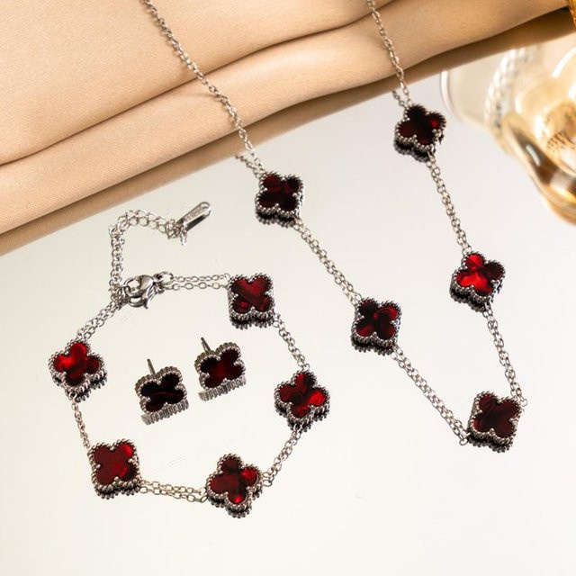 Halskette und Armband Set, Edelstahl, Silber, Vierblättrige Blume, Damen - Bild 1