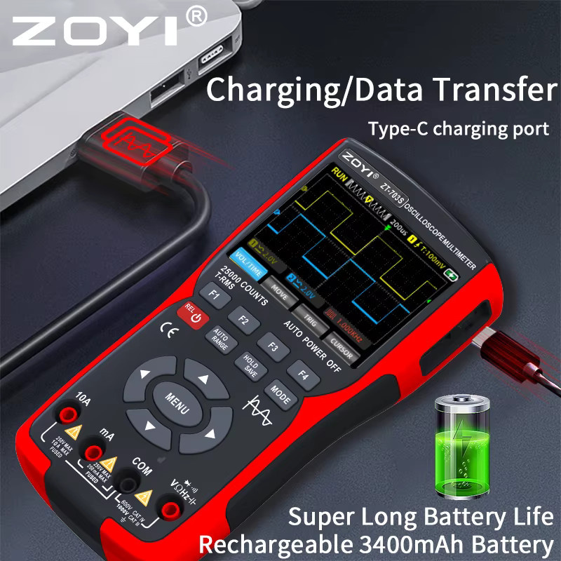 Zoyi 703s Multifunktions-Oszilloskop-Multimeter 3-in-1 mit Zweikanal-Farbbildschirm in Rot - Bild 2