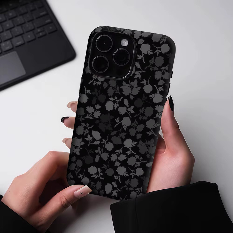 Potdemiel Handyhülle mit schwarzem Blumen-Schatten-Design für iPhone 17 16 15 14 13 Pro Max Plus, robuste zweilagige Magnet-Hülle, Schwarz - Bild 4