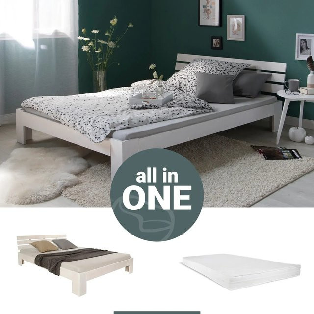 Homestyle4u Holzbett aus Kiefer mit Lattenrost und Schaumstoffmatratze in Weiß, B/T/H: 144 x 204 x 66 cm - Bild 1