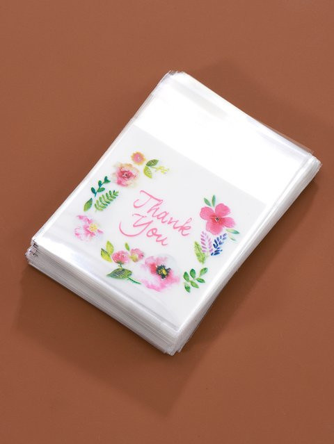 100 Stück Ailimi selbstklebende Plastiktüten mit buntem Blumen-DANKE-Design für Schmuck, Kekse und Geschenke, Mehrfarbig - Bild 1
