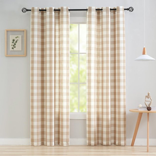 2er-Set klassische karierte Schlaufenvorhänge von Household supplies MH, halbtransparent, beige, B: 101 cm, H: 160 cm - Bild 1