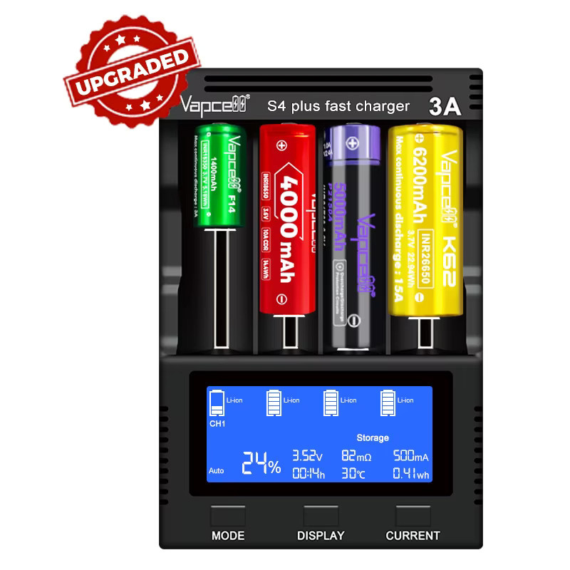 Vapcell S4 Plus V3.0 Intelligentes 4-Slot Schnellladegerät 3A mit Speichermodus in Schwarz - Bild 2