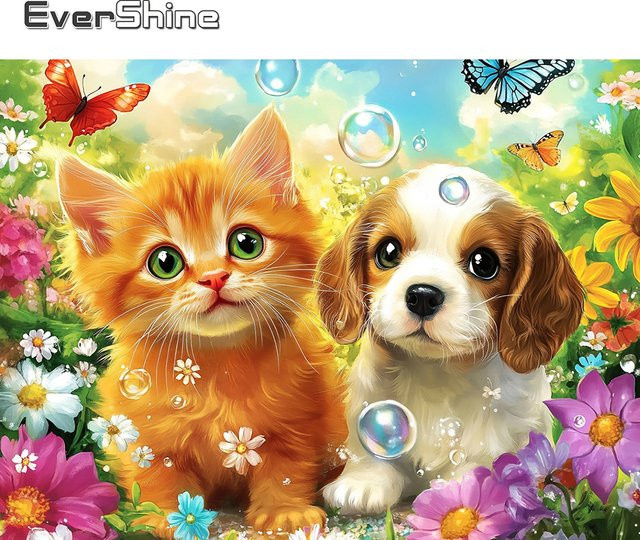 EverShine Diamant-Mosaik Set mit Hund und Katze in Blumenmuster, Vollquadrat-Drill-Malerei mit bunten Strasssteinen für die Wanddekoration, B/H: 20 x 30 cm - Bild 1