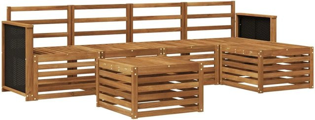vidaXL Outdoor-Sofagarnitur aus Akazienholz in L-Form mit 6 Teilen, Farbe Braun und Beige, inklusive Polster und Couchtisch - Bild 1