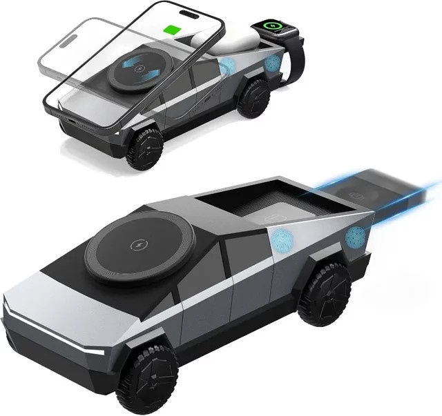 VIKEFON Kabellose Ladestation im Automodell-Design mit Lichteffekt und Rotationsfunktion, Farbe: Silber, kompatibel mit iPhone, iWatch und AirPods - Bild 1