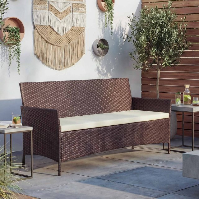 MCW 3-Sitzer Poly-Rattan Gartenbank Hamar in Braun-meliert mit cremefarbenen Kissen - Bild 1