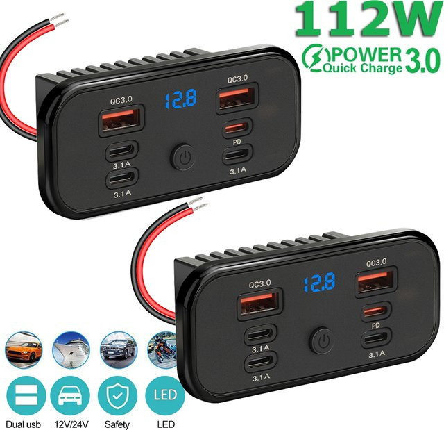 KEBETEME 6-Port Autoladegerät in Schwarz mit 30W PD3.0 QC3.0 Schnellladung, zwei 18W USB-A-Anschlüssen und Voltmeter-Schalter für 12V/24V Auto, LKW, Boot und Wohnmobil - Bild 1