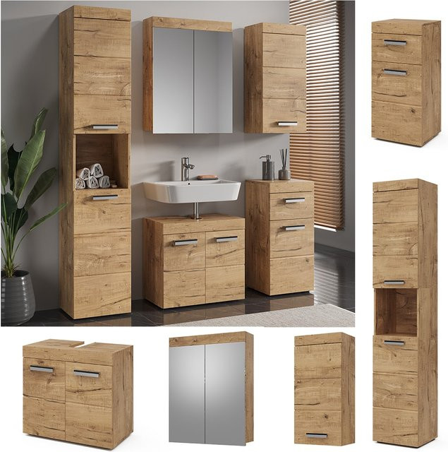 Vicco Badmöbel Set Luna in Eiche Wotan, 5-teiliges Badezimmer-Set mit Spiegelschrank, Unterschrank, Hochschrank und Hängeschrank - Bild 1