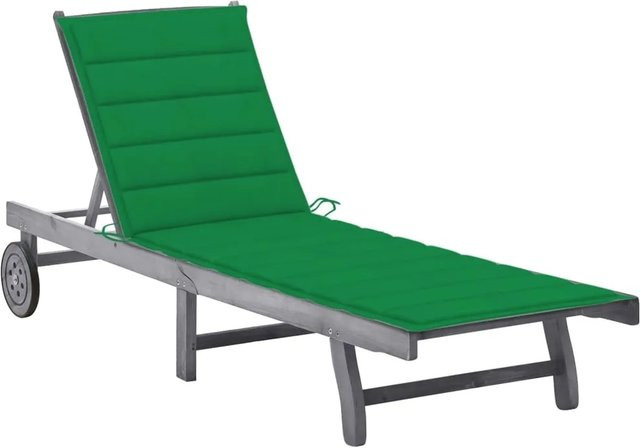 vidaXL Sonnenliege aus Akazie Massivholz mit Auflage in Grau und Grün mit verstellbarer Kopfstütze und Rollen - Bild 1