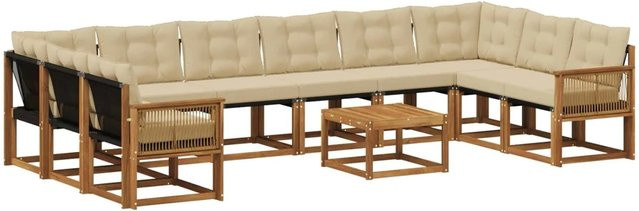 vidaXL Outdoor-Sofagarnitur L-Form aus Massivholz Akazie mit 11-teiligem Set Kissen in Natur-Beige - Bild 1