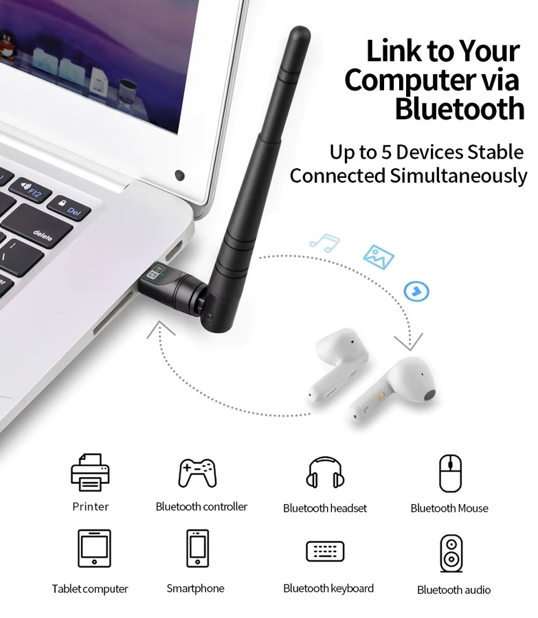 KEBIDUMEI USB Bluetooth 6.0 Adapter Dongle in Schwarz mit 200m Reichweite für PC und Laptop als Audio Receiver und Sender - Bild 2
