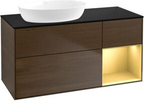 V&B Waschtischunterschrank Finion mit Wandbeleuchtung, Breite: 120 cm, Tiefe: 50,1 cm, Höhe: 50,1 cm, lackiert in Platinblau und Regal Gold Matt Lacquered, Walnuss Vent - Bild 1