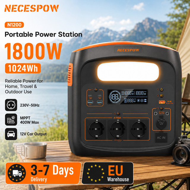 Tragbare Powerstation NECESPOW N1200 in Schwarz mit 1024Wh Kapazität, 1800W Leistung, LiFePO4 Akku, Solargenerator mit UPS-Funktion, 1000W AC, PD100W und LED-Licht für Camping und Notfälle - Bild 1