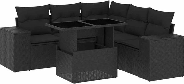 vidaXL 6-teilige Garten-Sofagarnitur in L-Form aus schwarzem Poly-Rattan mit Kissen und pulverbeschichtetem Stahlgestell - Bild 1
