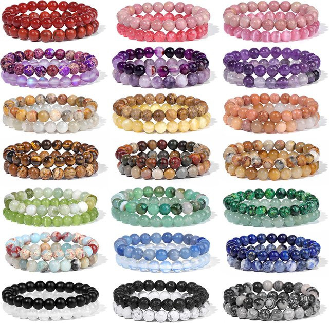 GolbalJew Perlenarmband Set, Bunt, Naturstein, Achate, Türkis, Amethysten, Quarz, 8 mm, Unisex - Bild 1