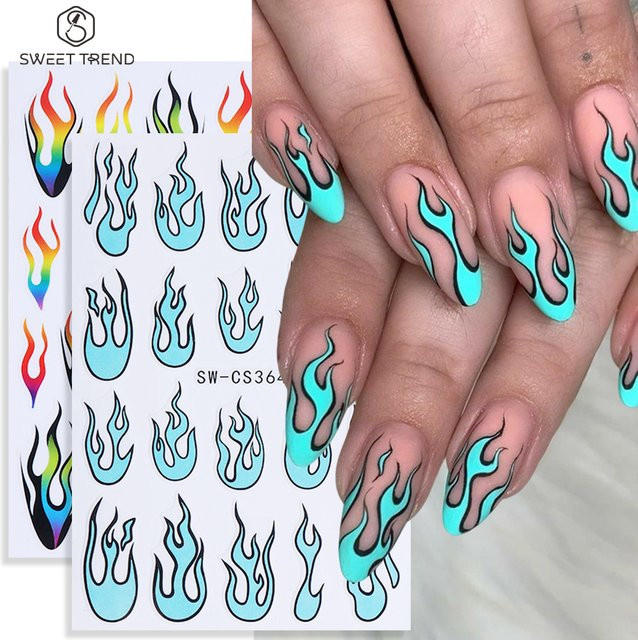SWEET TREND Nagelkunst-Aufkleber, Blaue Flammen, Regenbogenfarben, 2 Stück - Bild 1