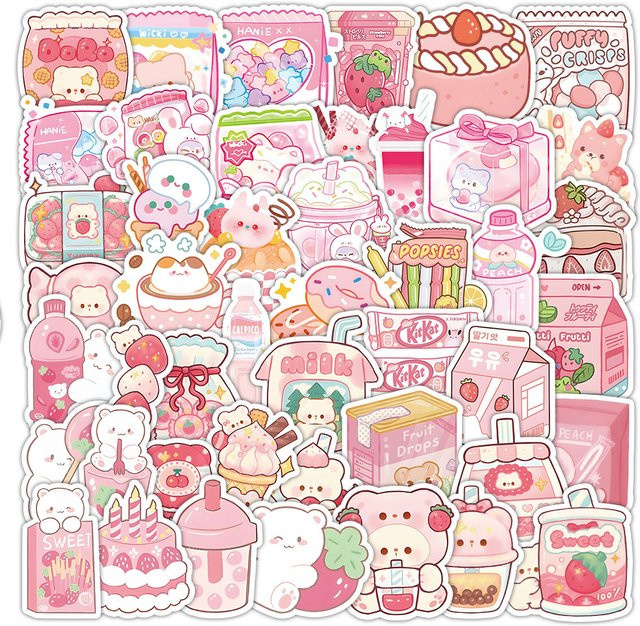 63 Stück Cartoon-Snack-Aufkleber von LanLanStickersWorld in Rosa und Multicolour für deine DIY-Dekoration und Notizbücher - Bild 1