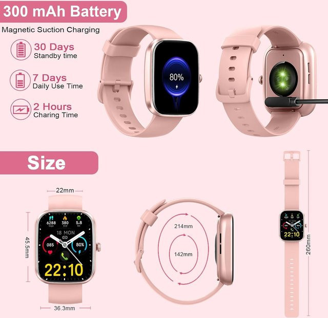 Kuizil Smartwatch mit Anruffunktion, 1,91 Zoll HD-Display, 110+ Sportmodi und IP68 wasserdichtem Fitness-Tracker für Android und iOS, Farbe: Pink - Bild 1