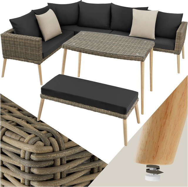 tectake Pula Lounge-Set aus Aluminium und Rattan in Braun, wetterfest und UV-beständig, L-Form mit Polstern, B/T/H: 241 x 183 x 73,5 cm - Bild 1