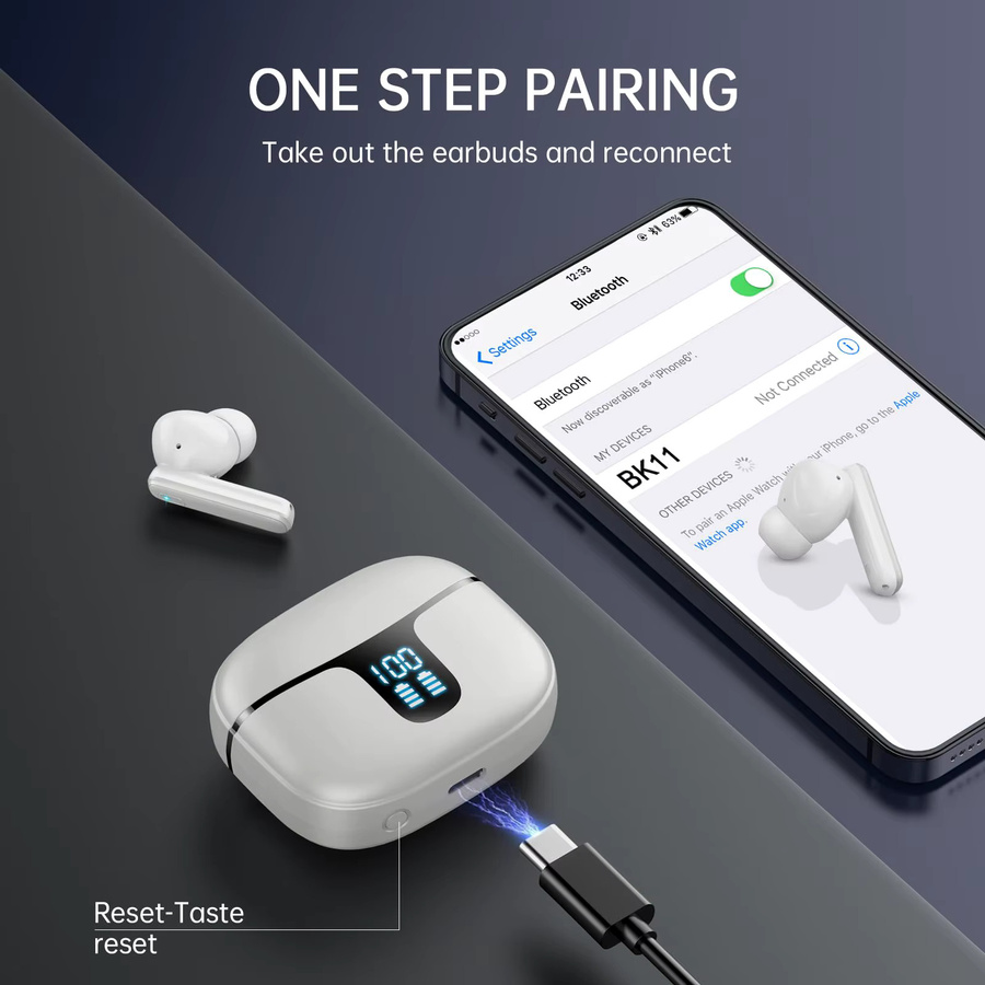 Kabellose Bluetooth 5.3 In-Ear-Ohrhörer mit 4 ENC-Mikrofonen, 40 Stunden Spielzeit und LED-Anzeige in Grau oder Weiß - Bild 4