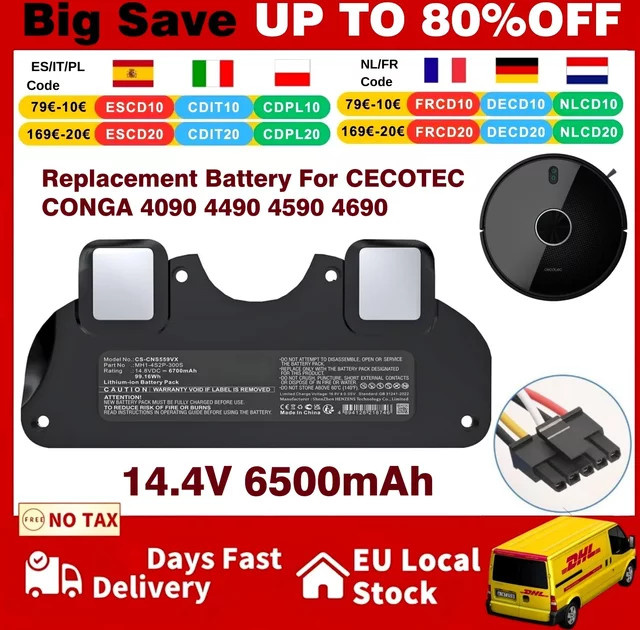 Ersatzakku für Cecotec Conga 4090 4490 4590 4690 Roboter-Staubsauger, 14,4 V, 6500 mAh, Schwarz - Bild 1