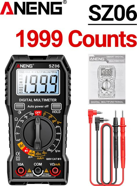 ANENG SZ06 Digitalmultimeter in Schwarz mit 1999 Zählung, AC/DC Amperemeter, 600 V Voltmeter, Widerstandsmesser und Diodentest mit LCD-Hintergrundbeleuchtung - Bild 1