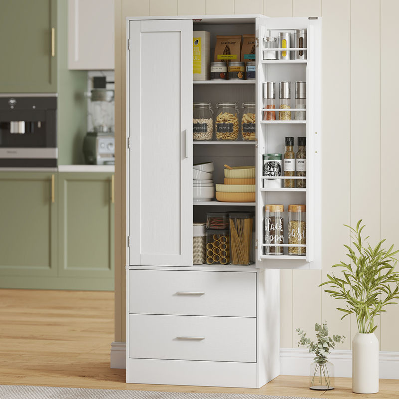 HOMCOM Küchenschrank Buffetschrank in Weiß mit 2 Türen, 2 Schubladen und 8 Türregalen, moderner Vorratsschrank mit verstellbaren Einlegeböden, B/T/H: 60 x 40 x 159 cm - Bild 2