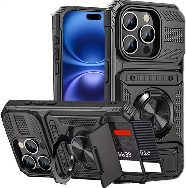 Robuste Handyhülle für Apple iPhone 17 16 15 14 13 Pro Max 11 mit magnetischem Ring, Ständer und verstecktem Kartenfach in Schwarz - Bild 1