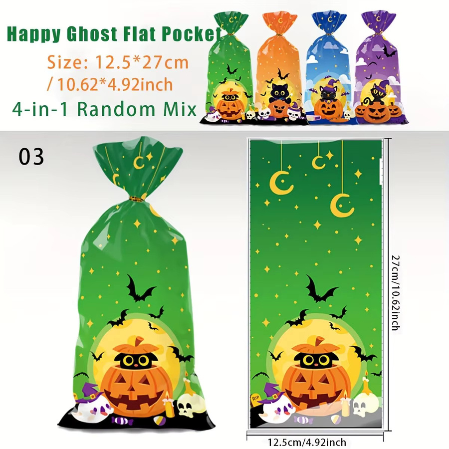 50 Stück Halloween-Süßigkeitenbeutel aus Kunststoff mit 3 verschiedenen Designs und Drehverschluss für deine Party-Geschenkverpackung - Bild 1