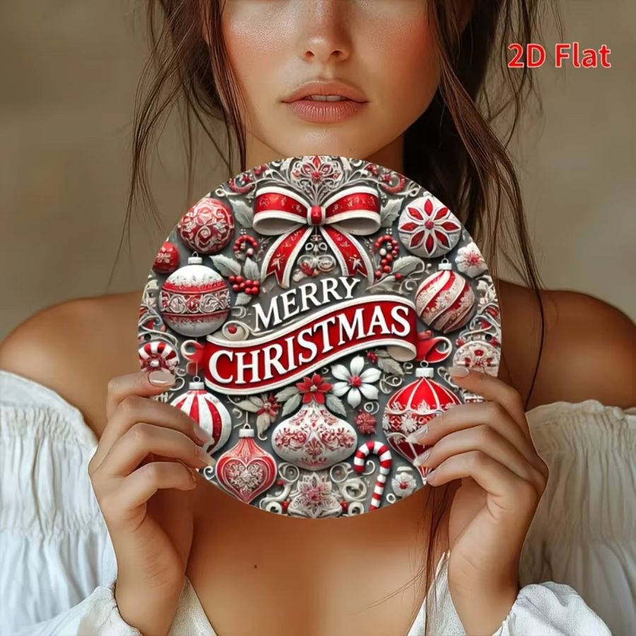 HELLOYOUNG Rundes Metallblechschild Frohe Weihnachten mit Zuckerstangen-Kranz-Design zur Weihnachtsdekoration für drinnen und draußen, Durchmesser: 20 cm - Bild 4