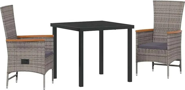 vidaXL Garten Essgruppe aus Poly-Rattan und Akazienholz in Grau mit Kissen und Sicherheitsglas, 3-teilig - Bild 1