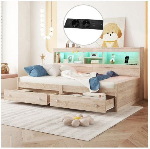 MUVOE Tagesbett mit Aufbewahrungsschubladen, LED-Beleuchtung und USB-Anschlüssen, Farbe: Braun/Beige, B/T/H: 90 x 200 cm - Bild 1
