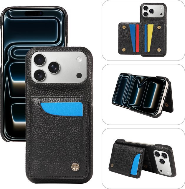 EAACAA Handyhülle aus PU-Leder für iPhone 15 16 17 Pro Max Plus Mini in Schwarz und Pink mit Kartenhalter und Ständerfunktion - Bild 1