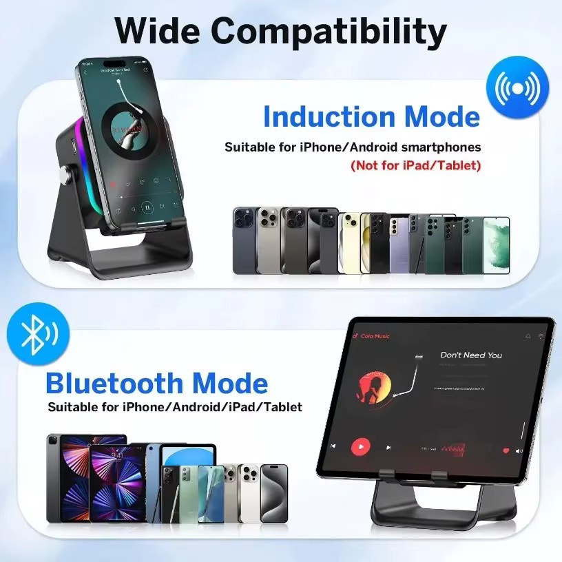 VIKEFON 5-in-1 Tragbarer Bluetooth 5.3 Lautsprecher mit RGB-Licht, Wireless-Induktion und Telefonhalter in Schwarz/Mehrfarbig - Bild 2
