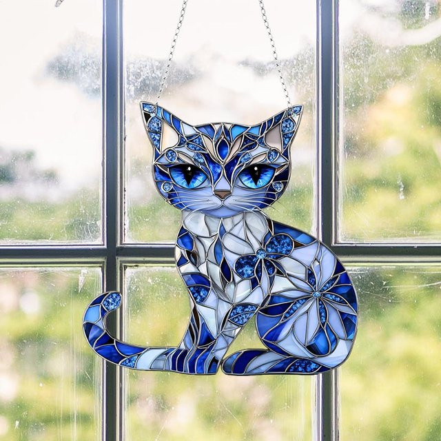 Katzen-Sonnenfänger zum Aufhängen aus Acryl in Blau und Weiß, Durchmesser: 20,3 cm - Bild 1