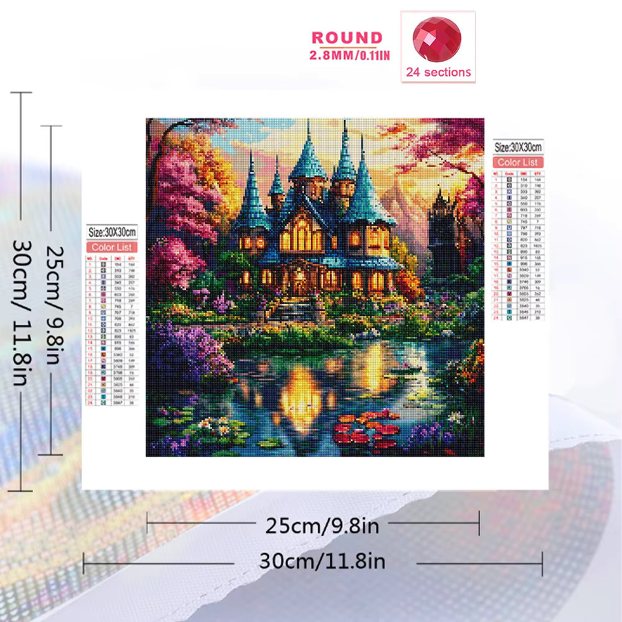 Momoart DIY Diamantmosaik Set Landschaft mit Schloss und Fluss, Rund, Mehrfarbig - Bild 2
