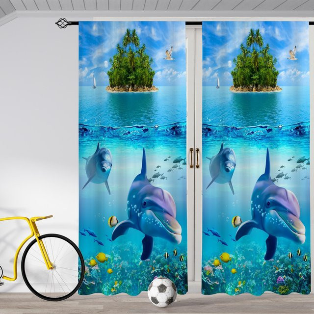 2er-Set dekorative Vorhänge mit Delphin-Muster in Multicolour, halbtransparent, moderner Stil, Breite: 100 cm, Höhe: 130 cm - Bild 1